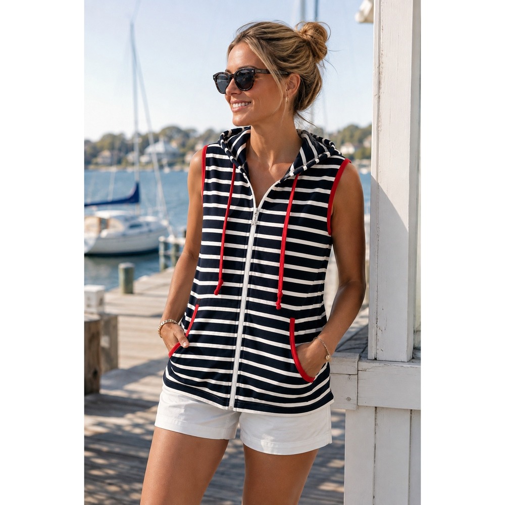 CJ Banks 2X Vest Plus Size Nautical Navy Striped Hooded Coastal Zip Front Vest